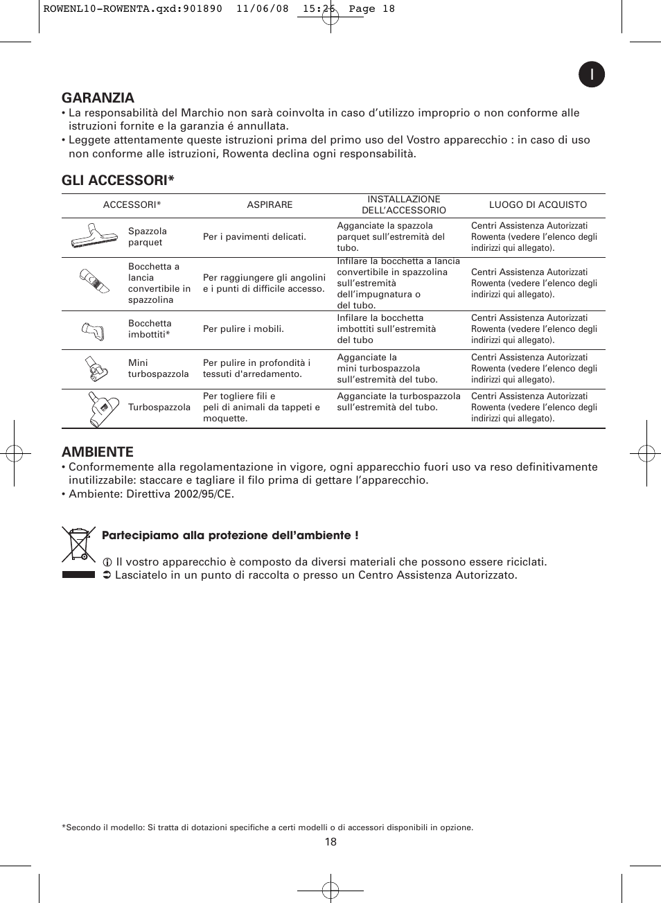 Garanzia, Gli accessori* ambiente | ROWENTA COSMO RO3623 User Manual | Page 22 / 122