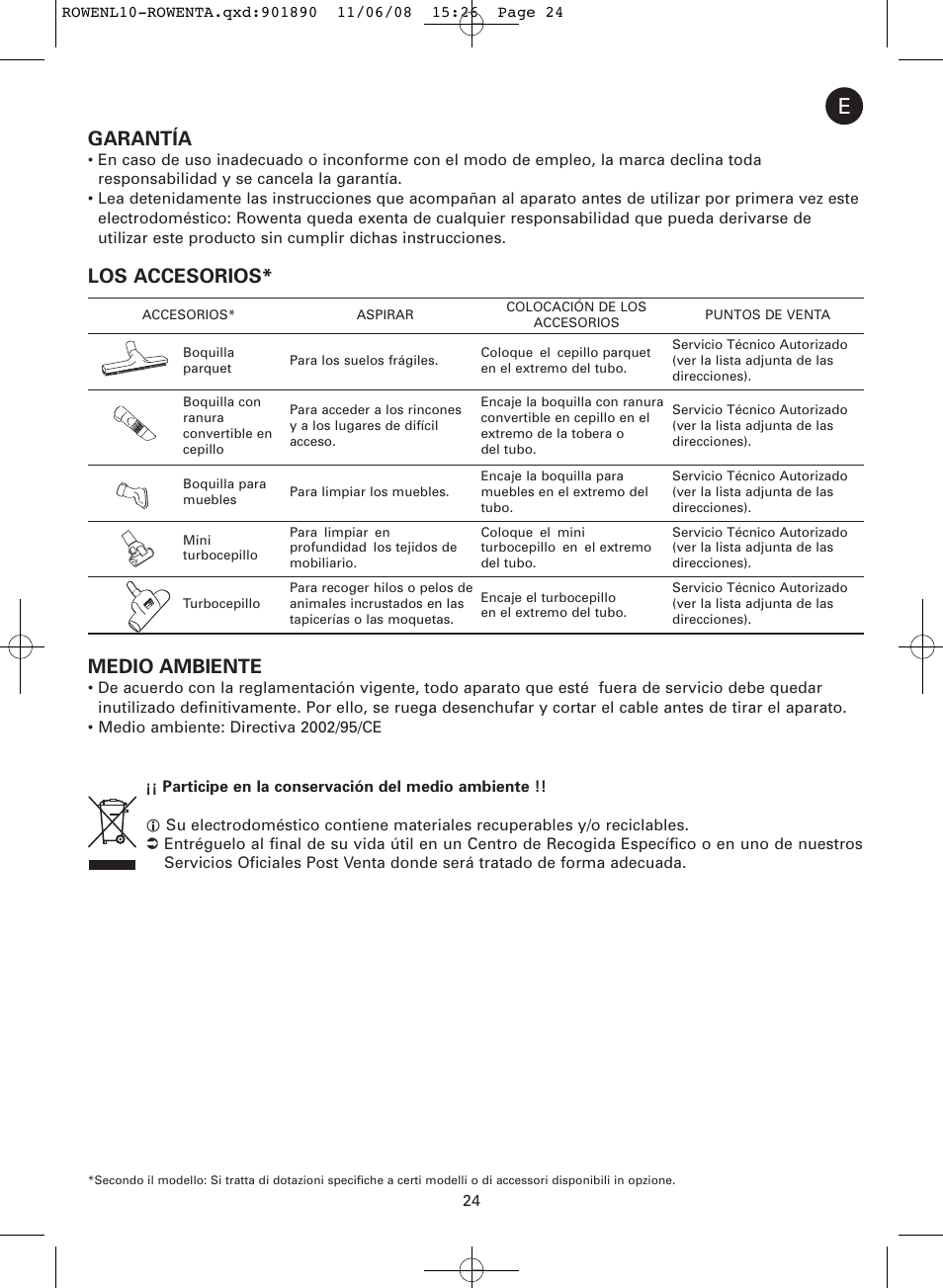 Garantía, Los accesorios* medio ambiente | ROWENTA COSMO RO3623 User Manual | Page 28 / 122