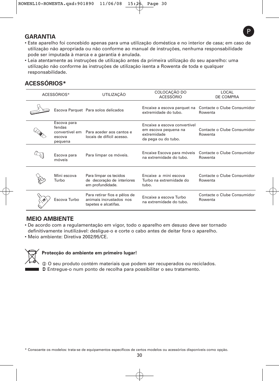 Garantia, Acessórios* meio ambiente | ROWENTA COSMO RO3623 User Manual | Page 34 / 122