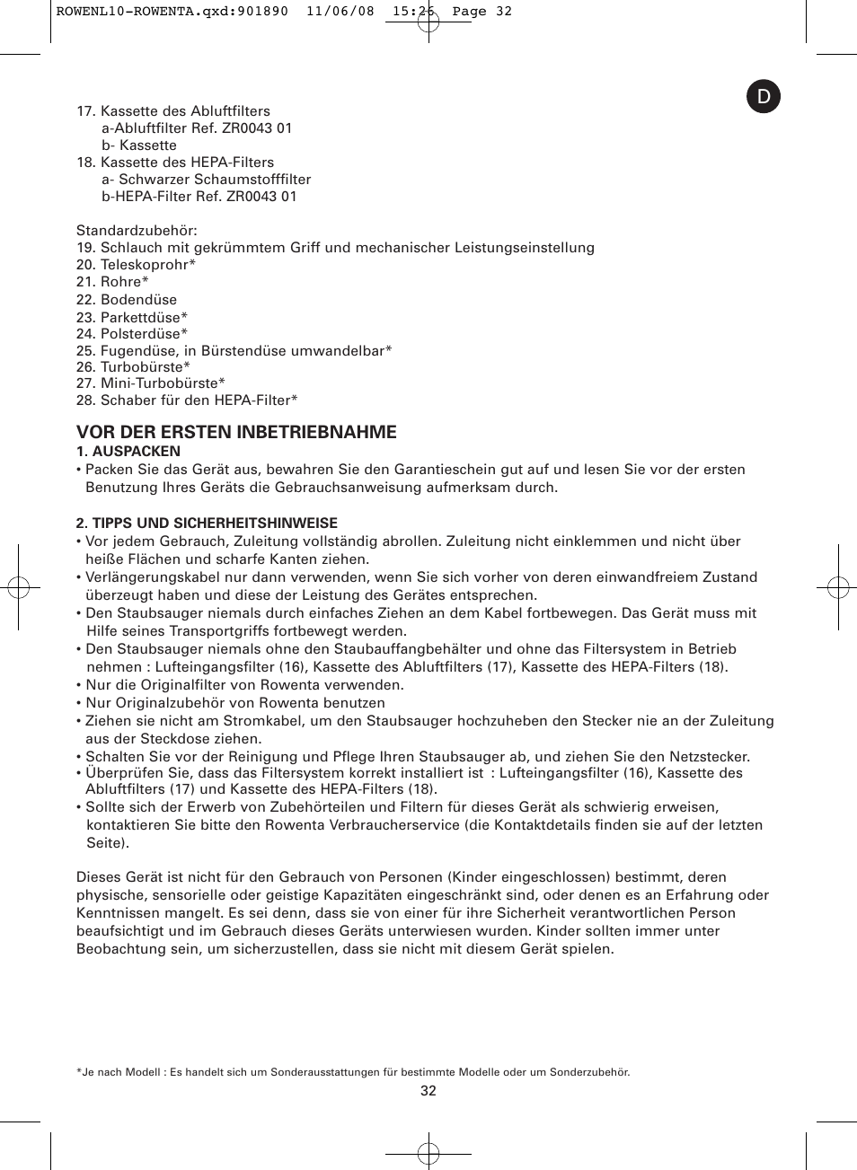 Vor der ersten inbetriebnahme | ROWENTA COSMO RO3623 User Manual | Page 36 / 122