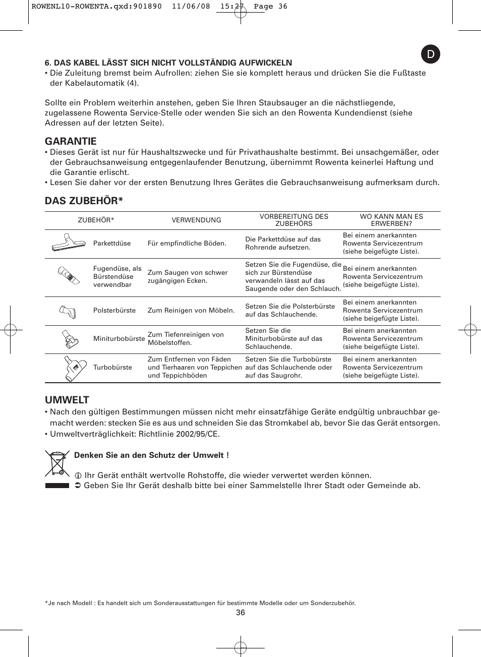 Garantie, Das zubehör* umwelt | ROWENTA COSMO RO3623 User Manual | Page 40 / 122