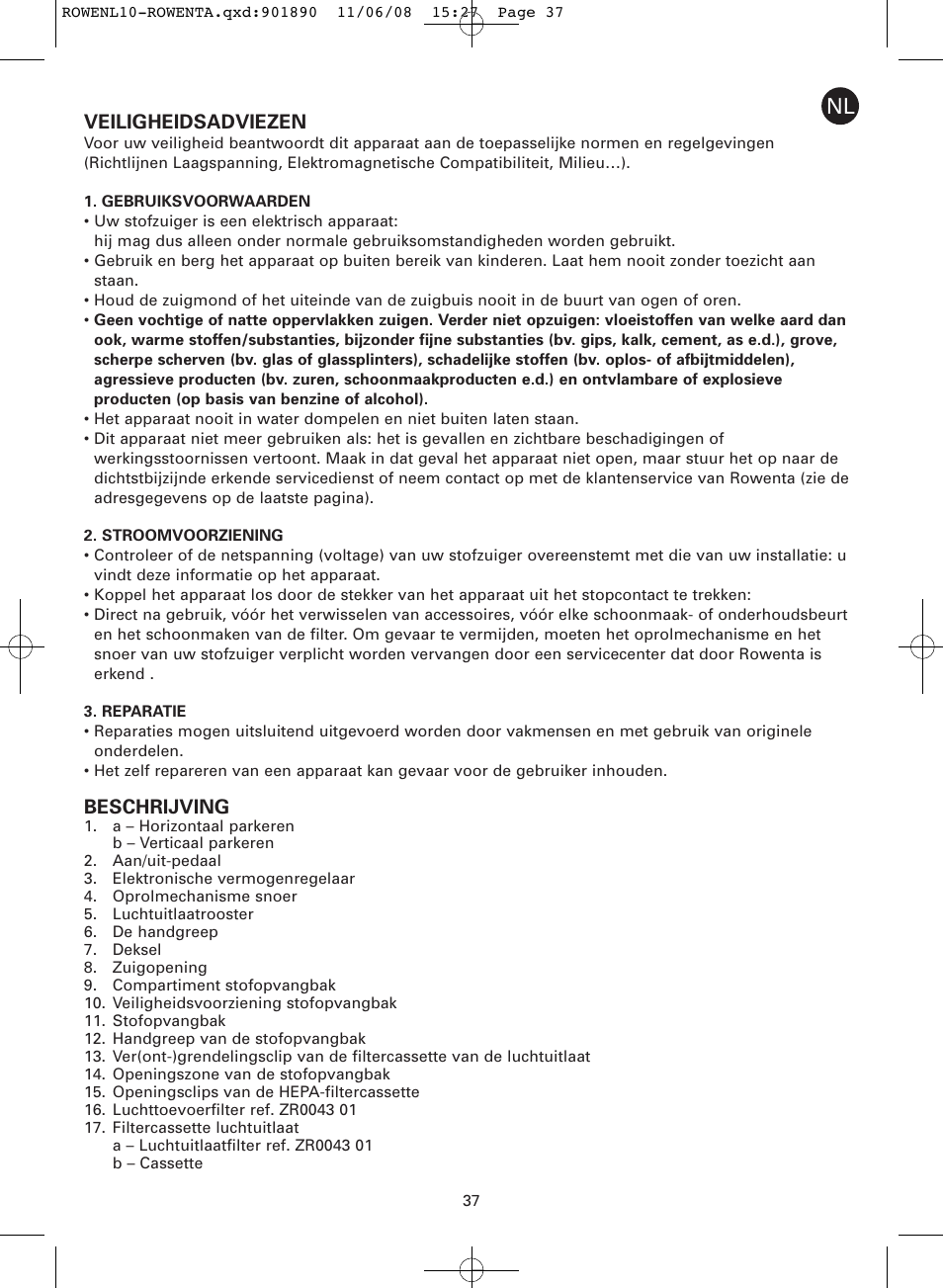 Veiligheidsadviezen, Beschrijving | ROWENTA COSMO RO3623 User Manual | Page 41 / 122