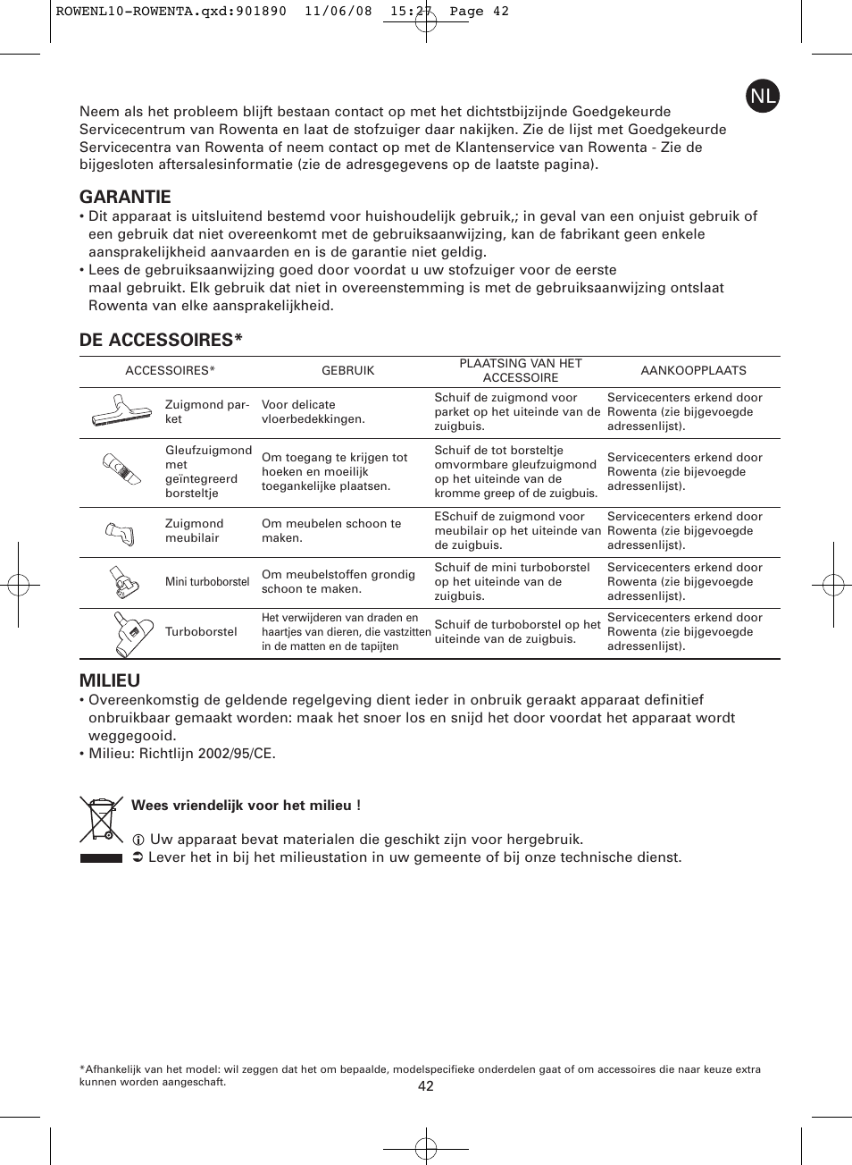 Garantie, De accessoires* milieu | ROWENTA COSMO RO3623 User Manual | Page 46 / 122