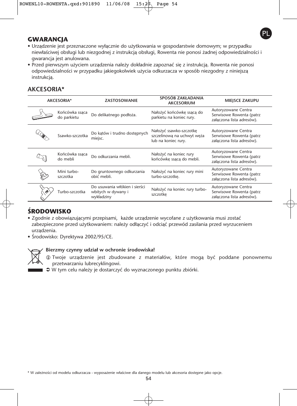 Gwarancja, Akcesoria* ârodowisko | ROWENTA COSMO RO3623 User Manual | Page 58 / 122
