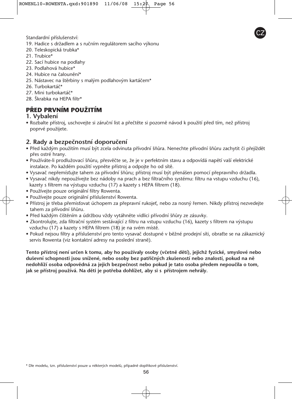 P¤ed prvním pouîitím 1. vybalení, Rady a bezpeãnostní doporuãení | ROWENTA COSMO RO3623 User Manual | Page 60 / 122