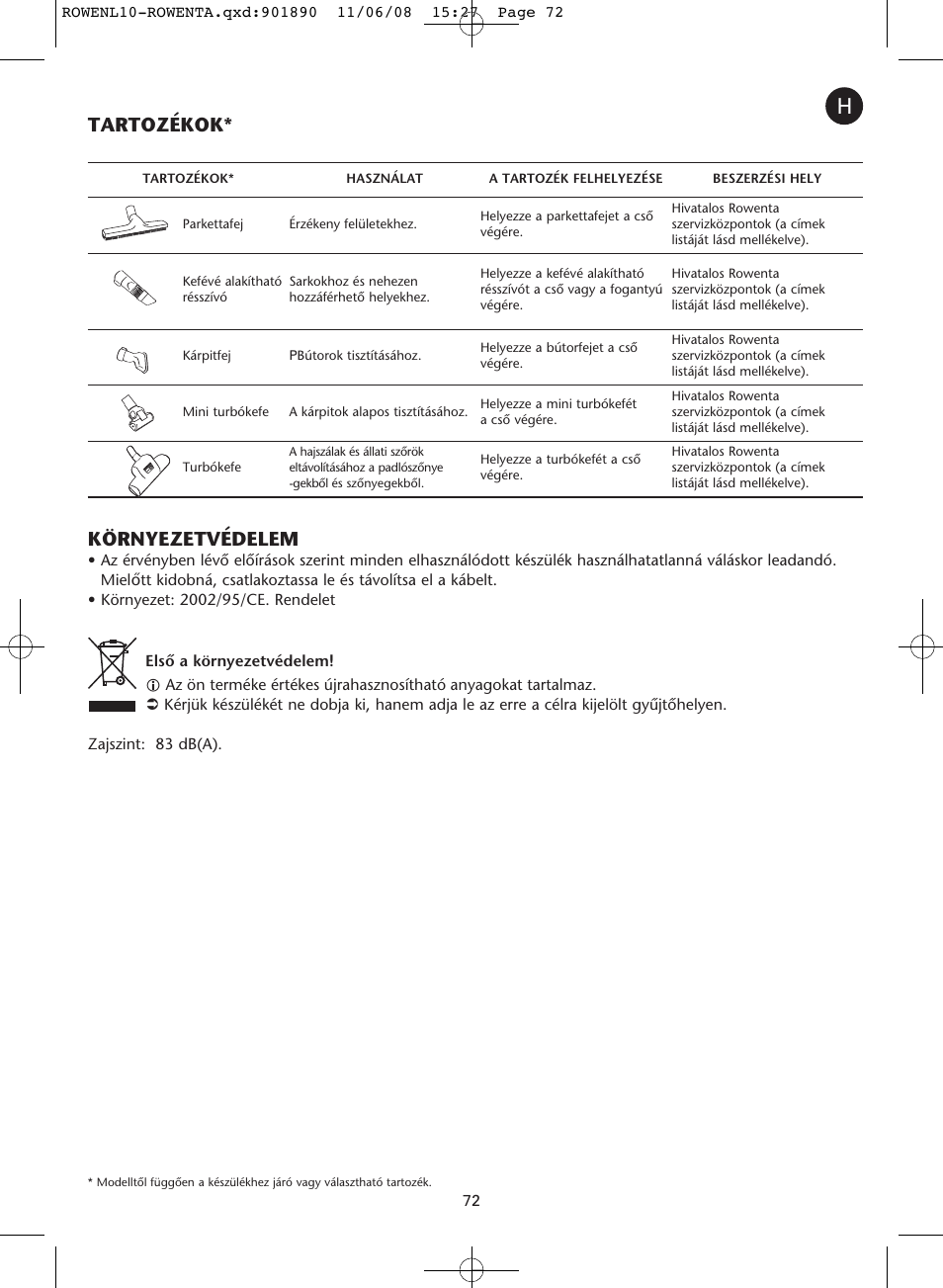 Tartozékok* környezetvédelem | ROWENTA COSMO RO3623 User Manual | Page 76 / 122