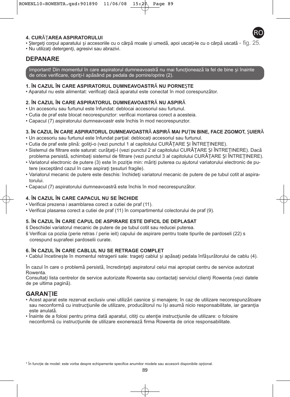 Fig. 25, Depanare, Garan ţ ie | ROWENTA COSMO RO3623 User Manual | Page 93 / 122