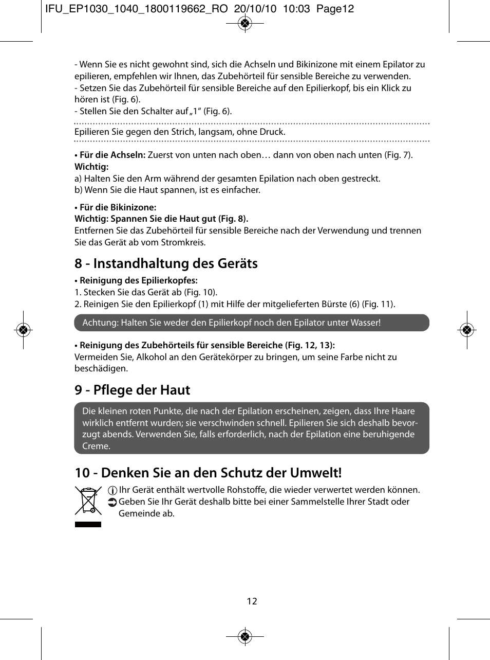 8 - instandhaltung des geräts, 9 - pflege der haut, 10 - denken sie an den schutz der umwelt | ROWENTA FASHION EP1033 User Manual | Page 12 / 92