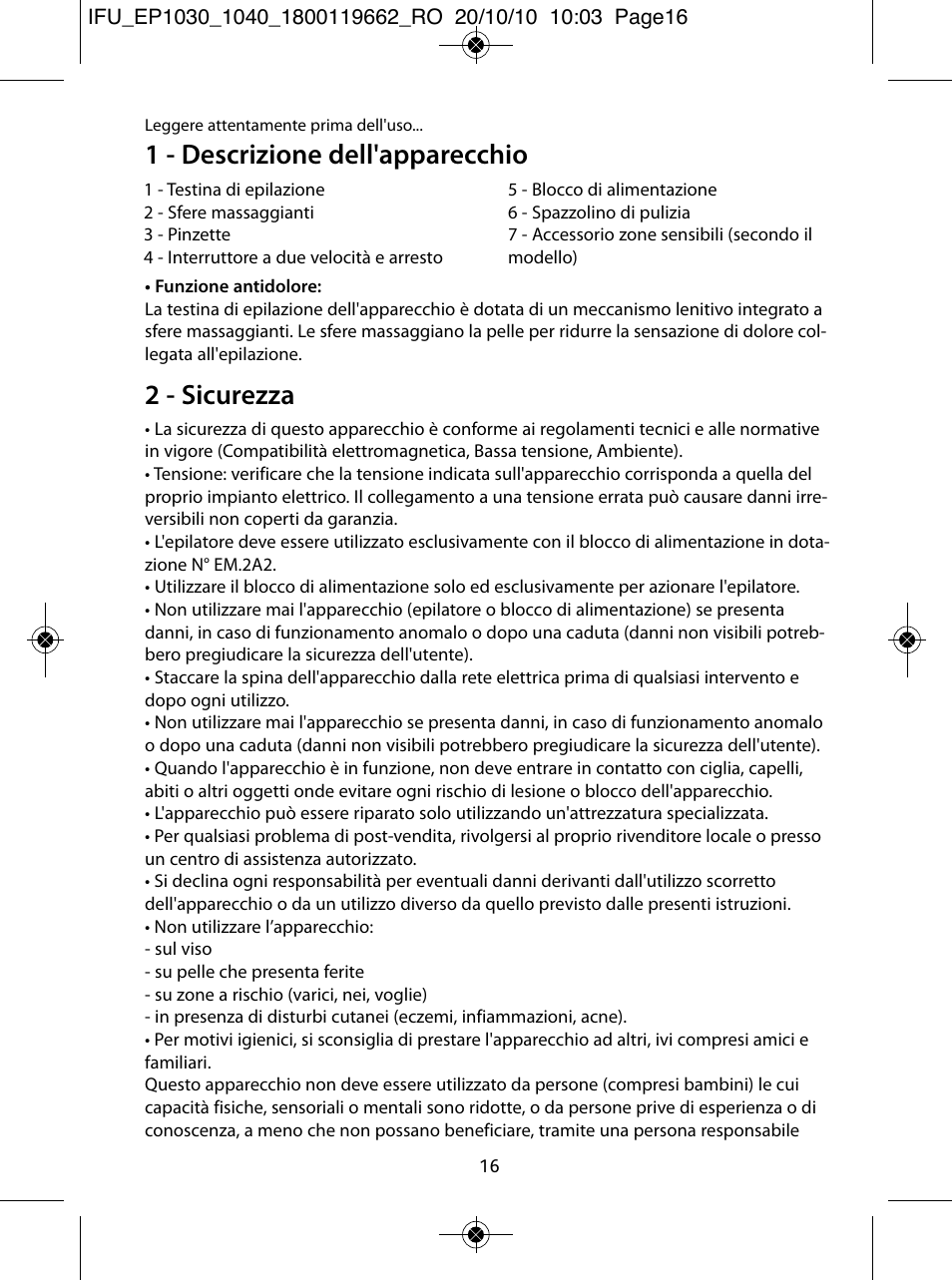 1 - descrizione dell'apparecchio, 2 - sicurezza | ROWENTA FASHION EP1033 User Manual | Page 16 / 92