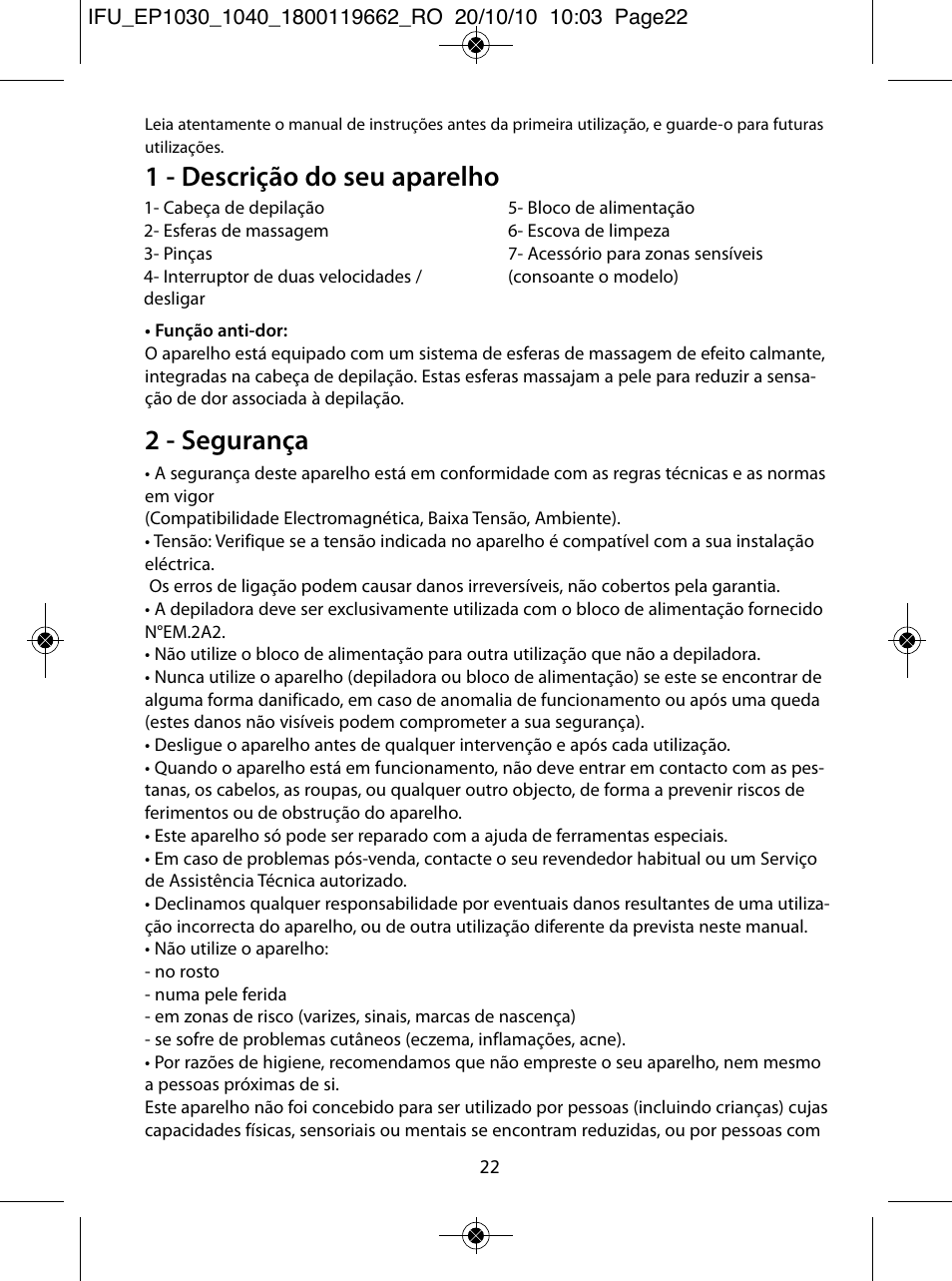 1 - descrição do seu aparelho, 2 - segurança | ROWENTA FASHION EP1033 User Manual | Page 22 / 92