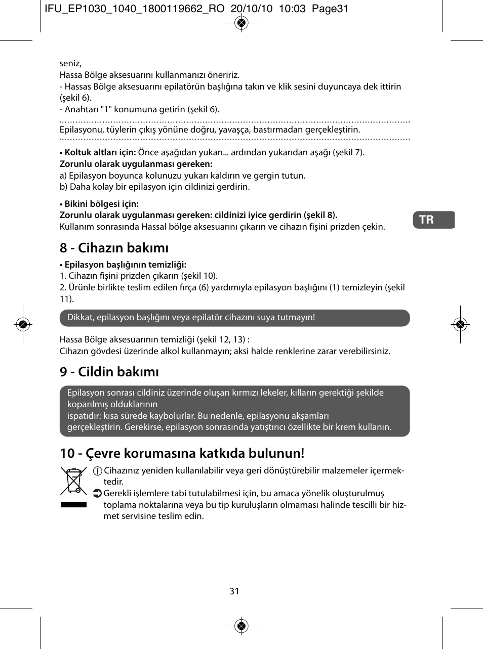 8 - cihazın bakımı, 9 - cildin bakımı, 10 - çevre korumasına katkıda bulunun | ROWENTA FASHION EP1033 User Manual | Page 31 / 92
