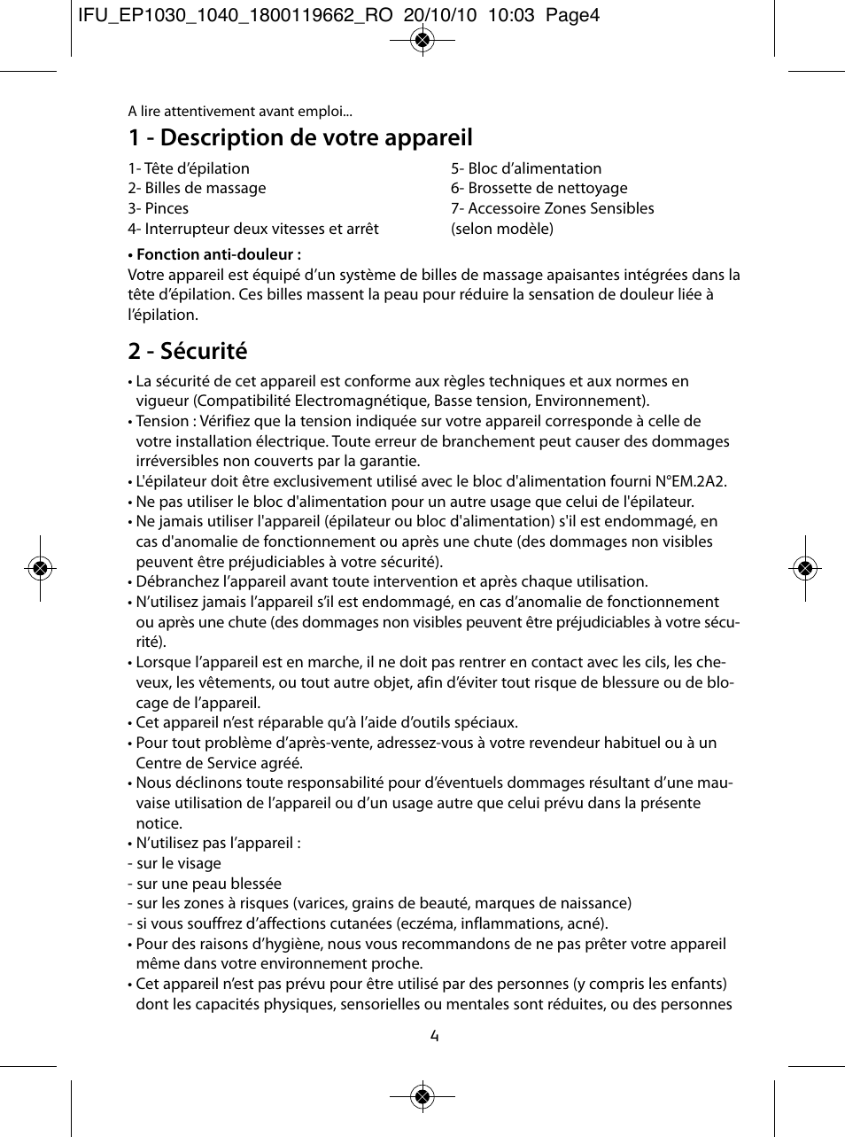 1 - description de votre appareil, 2 - sécurité | ROWENTA FASHION EP1033 User Manual | Page 4 / 92