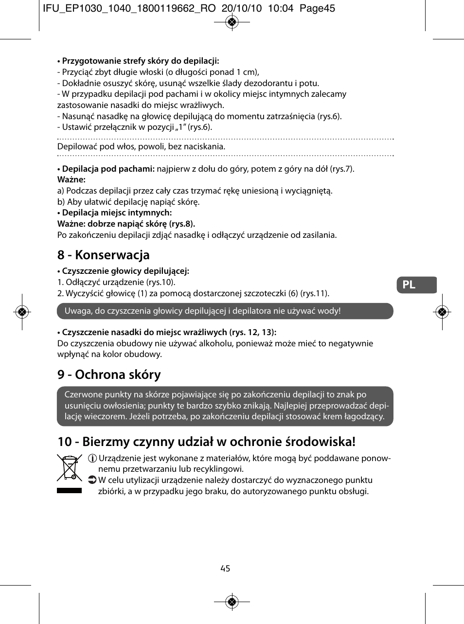 8 - konserwacja, 9 - ochrona skóry, 10 - bierzmy czynny udział w ochronie środowiska | ROWENTA FASHION EP1033 User Manual | Page 45 / 92