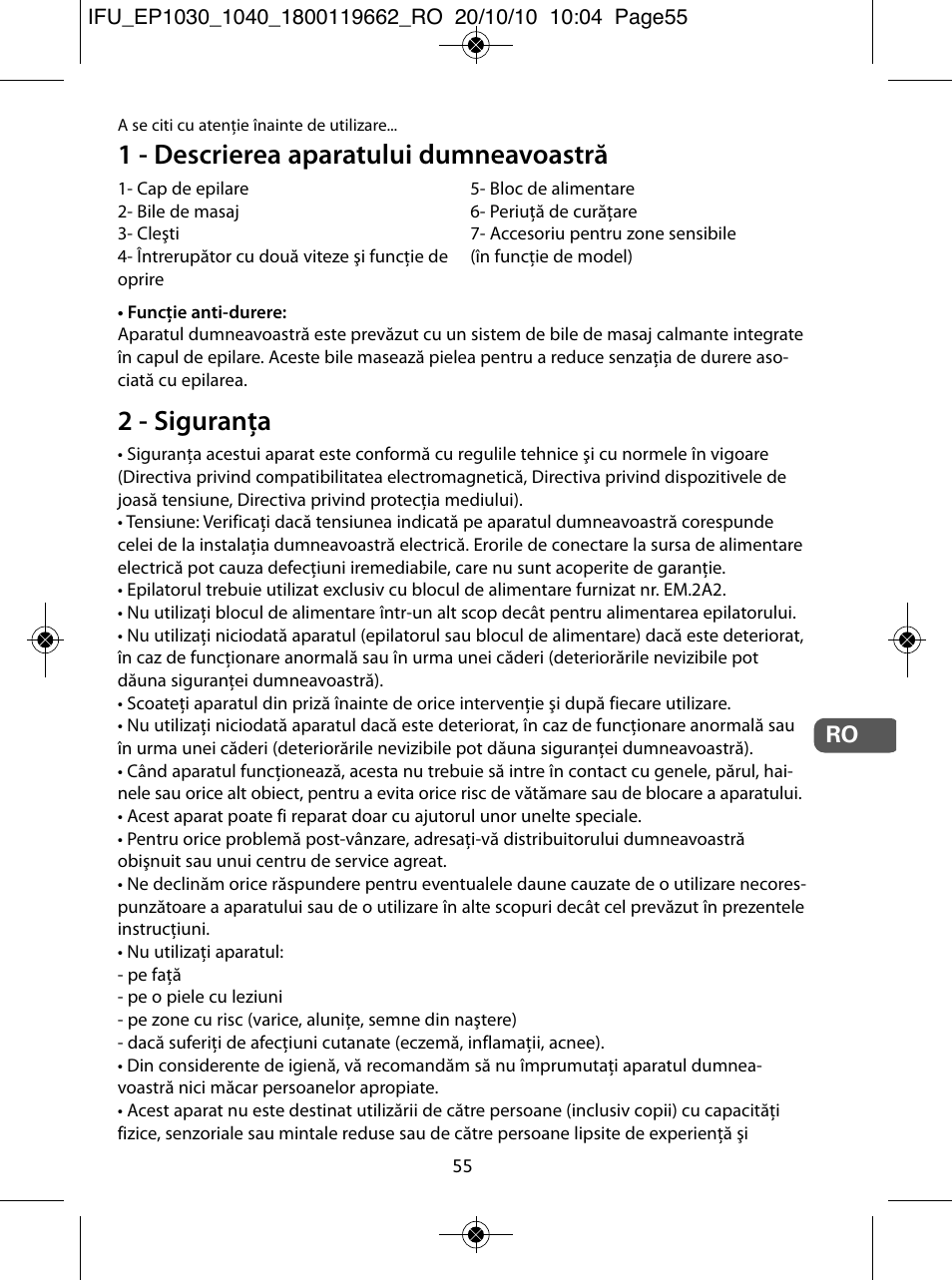 1 - descrierea aparatului dumneavoastră, 2 - siguranţa | ROWENTA FASHION EP1033 User Manual | Page 55 / 92