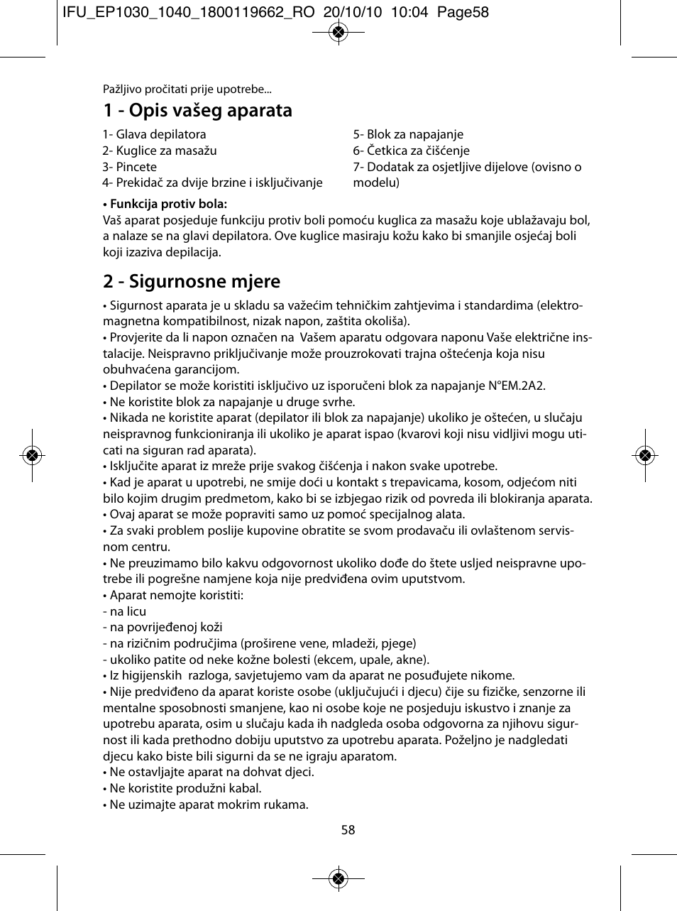 1 - opis vašeg aparata, 2 - sigurnosne mjere | ROWENTA FASHION EP1033 User Manual | Page 58 / 92