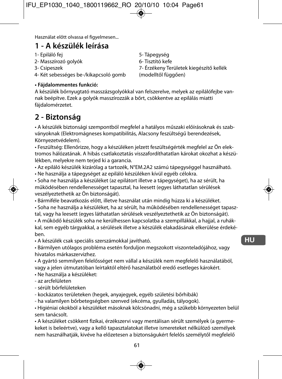 1 - a készülék leírása, 2 - biztonság | ROWENTA FASHION EP1033 User Manual | Page 61 / 92