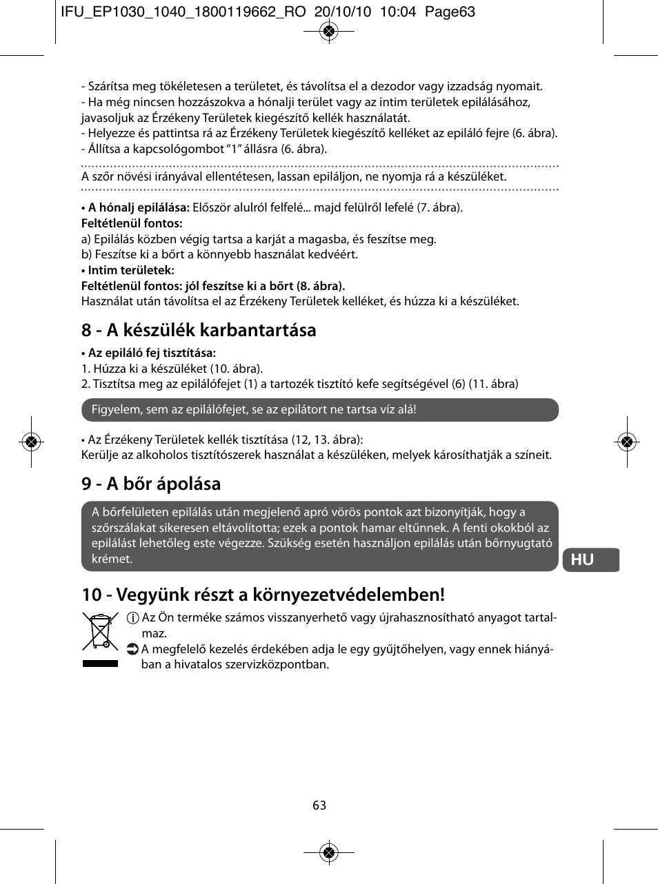 8 - a készülék karbantartása, 9 - a bőr ápolása, 10 - vegyünk részt a környezetvédelemben | ROWENTA FASHION EP1033 User Manual | Page 63 / 92