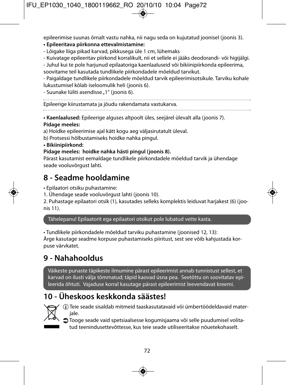 8 - seadme hooldamine, 9 - nahahooldus, 10 - üheskoos keskkonda säästes | ROWENTA FASHION EP1033 User Manual | Page 72 / 92