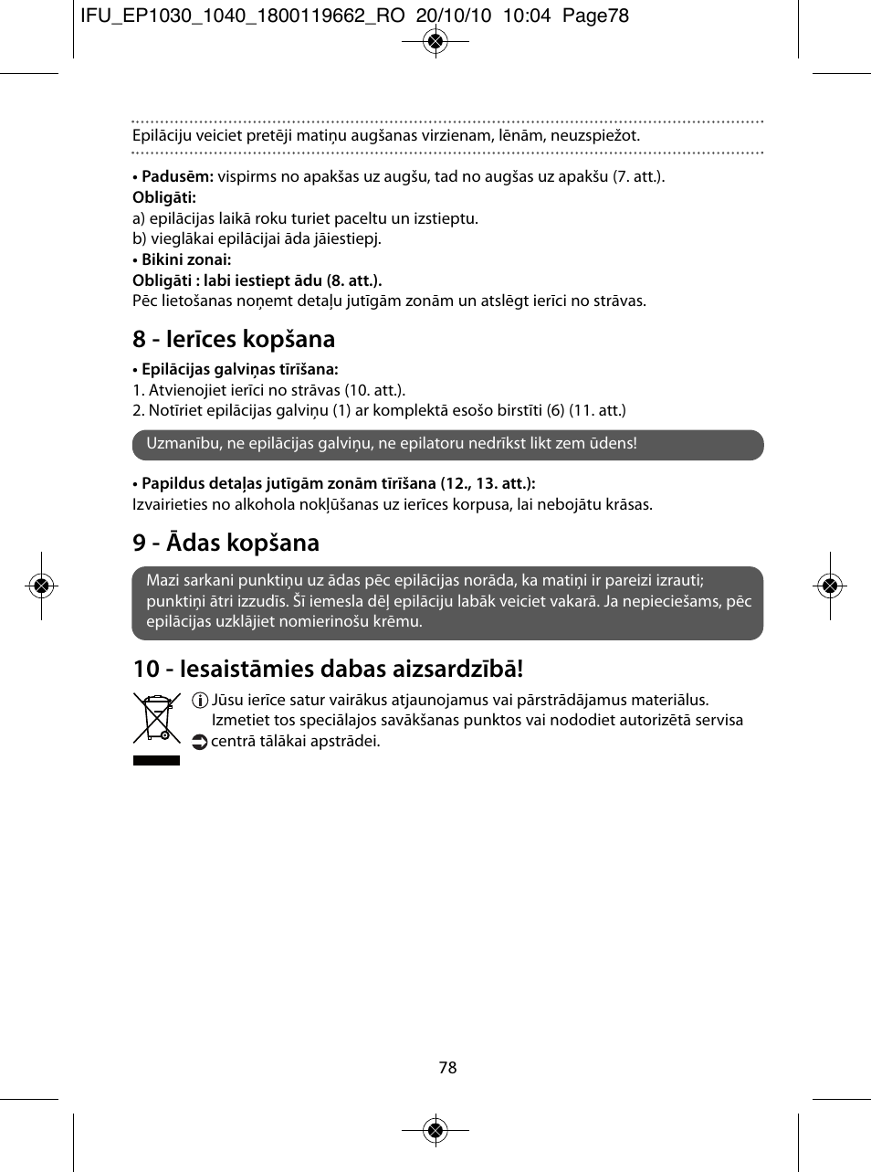 8 - ierīces kopšana, 9 - ādas kopšana, 10 - iesaistāmies dabas aizsardzībā | ROWENTA FASHION EP1033 User Manual | Page 78 / 92