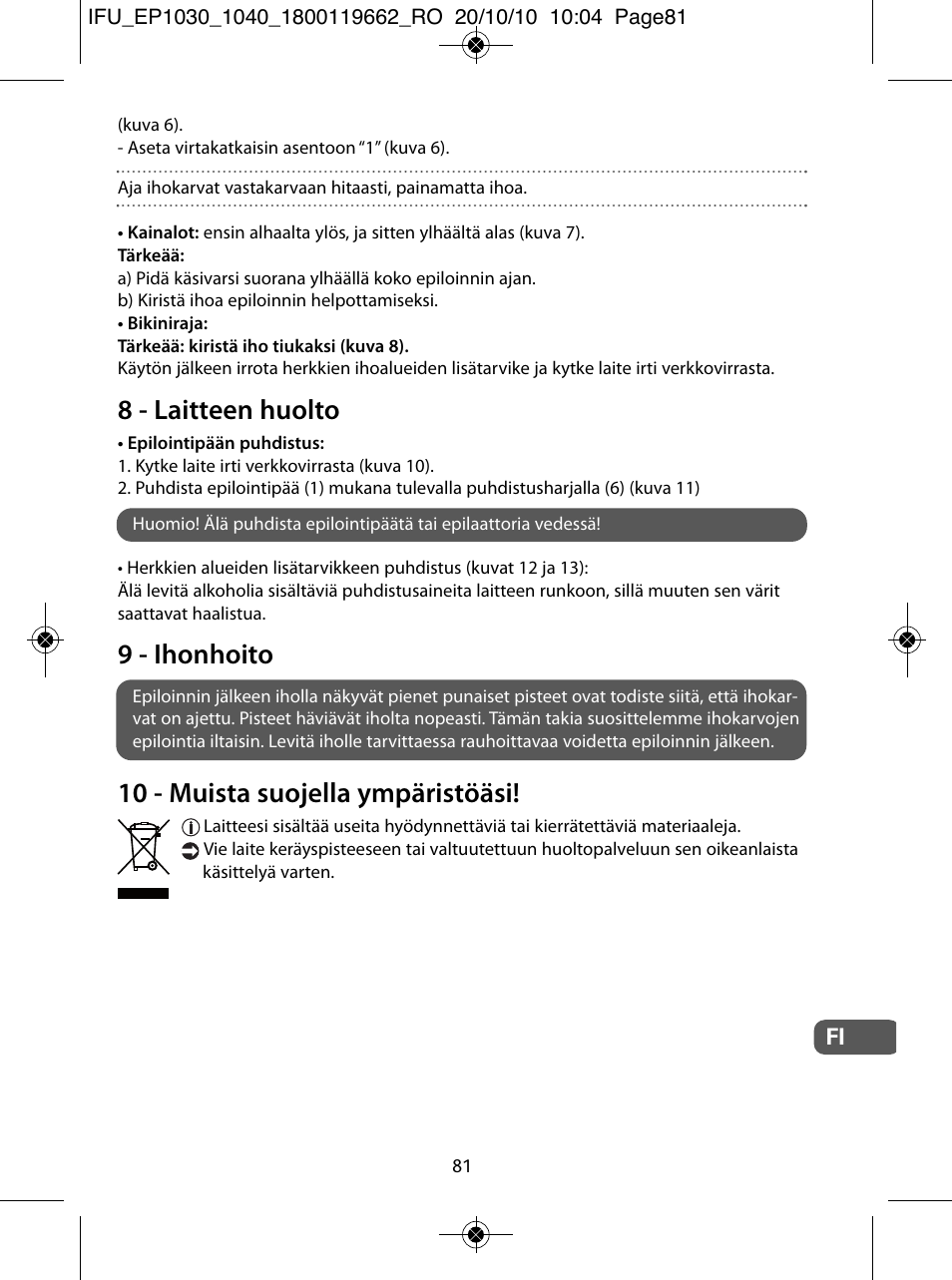 8 - laitteen huolto, 9 - ihonhoito, 10 - muista suojella ympäristöäsi | ROWENTA FASHION EP1033 User Manual | Page 81 / 92