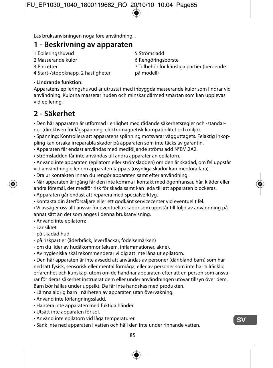 1 - beskrivning av apparaten, 2 - säkerhet | ROWENTA FASHION EP1033 User Manual | Page 85 / 92