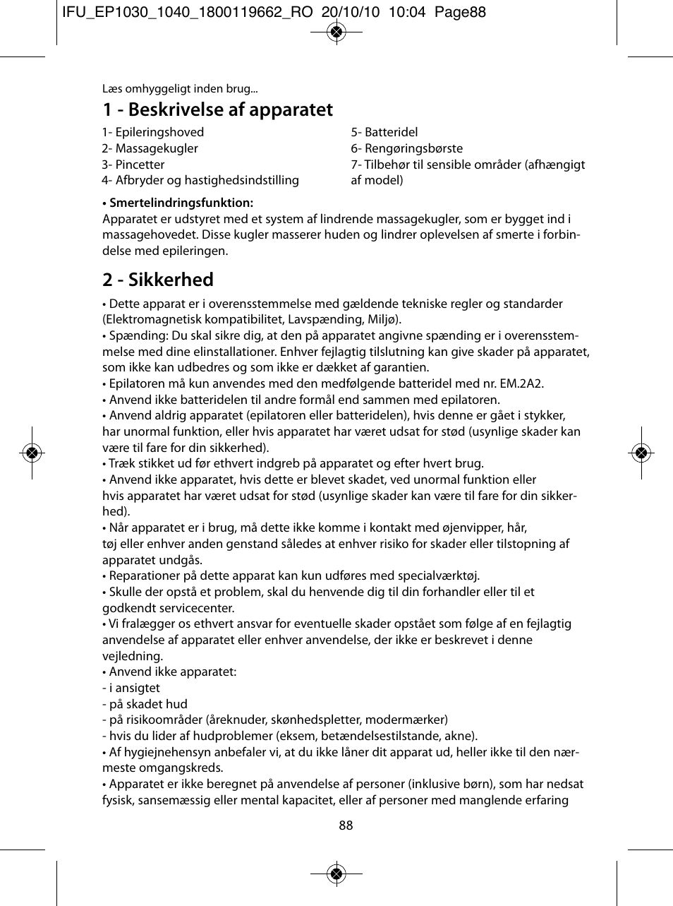 1 - beskrivelse af apparatet, 2 - sikkerhed | ROWENTA FASHION EP1033 User Manual | Page 88 / 92
