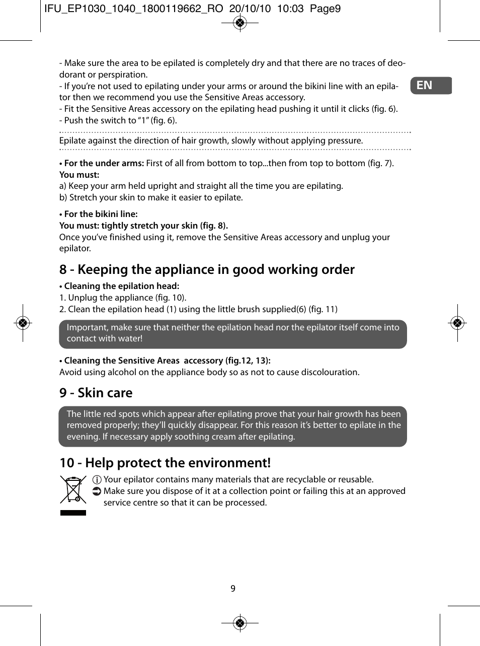 8 - keeping the appliance in good working order, 9 - skin care, 10 - help protect the environment | ROWENTA FASHION EP1033 User Manual | Page 9 / 92