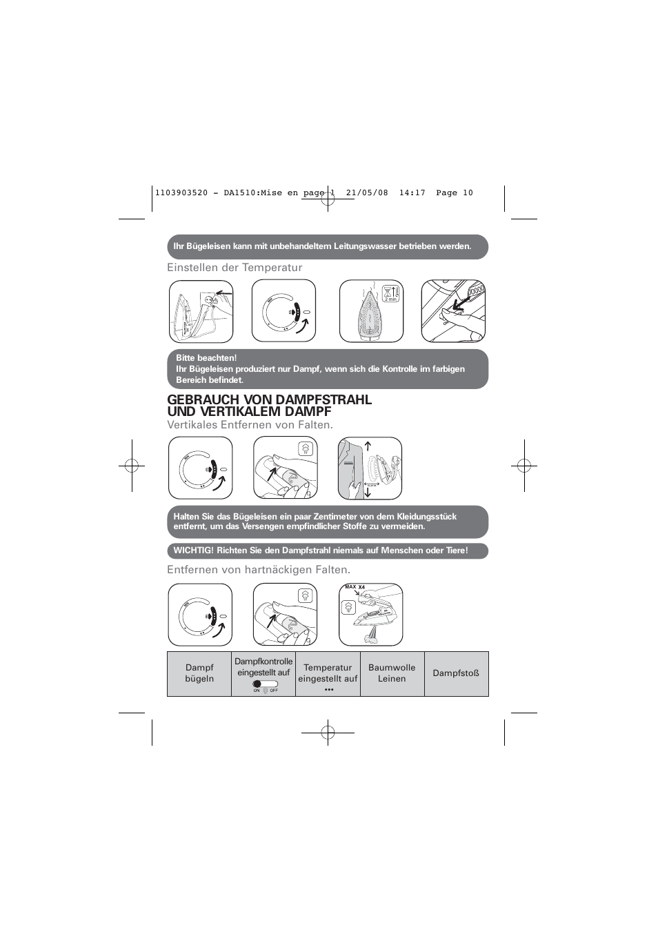 Gebrauch von dampfstrahl und vertikalem dampf | ROWENTA TRAVEL IRON DA1510 User Manual | Page 10 / 60