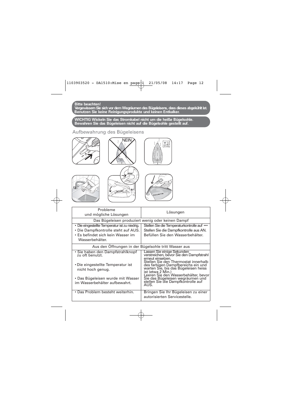 Aufbewahrung des bügeleisens | ROWENTA TRAVEL IRON DA1510 User Manual | Page 12 / 60