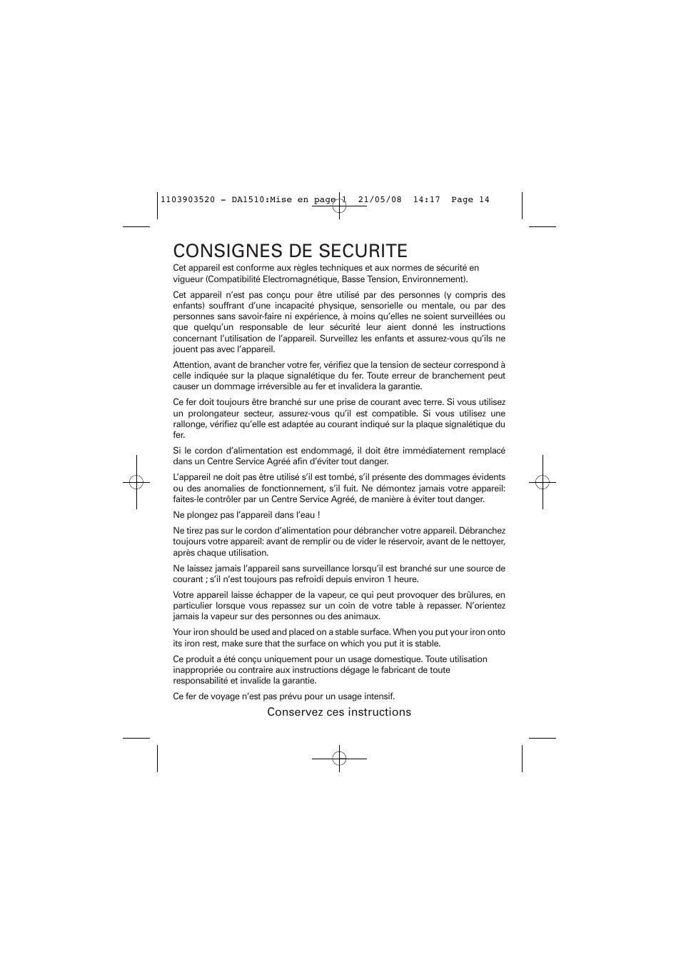 Consignes de securite | ROWENTA TRAVEL IRON DA1510 User Manual | Page 14 / 60