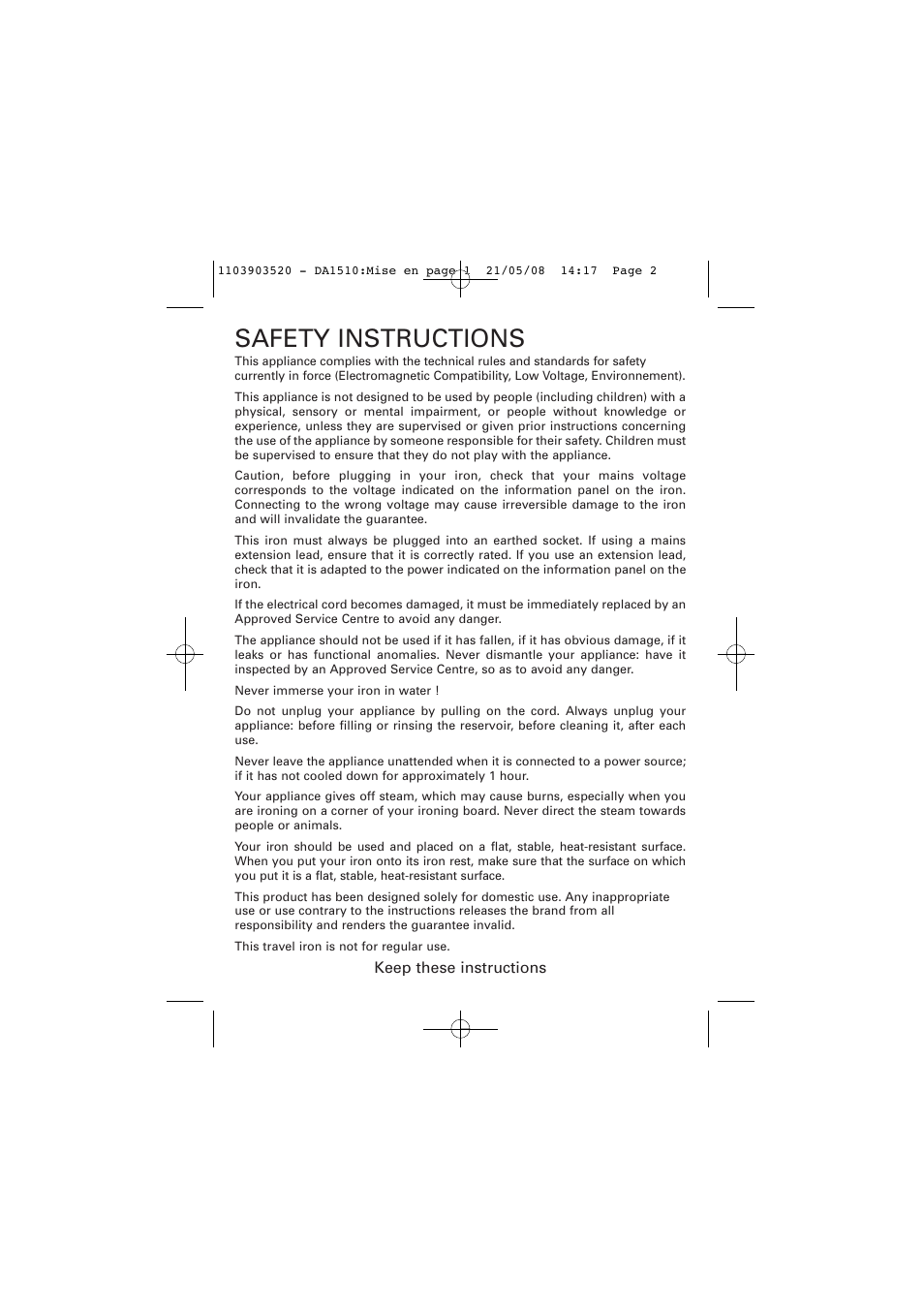 Safety instructions | ROWENTA TRAVEL IRON DA1510 User Manual | Page 2 / 60