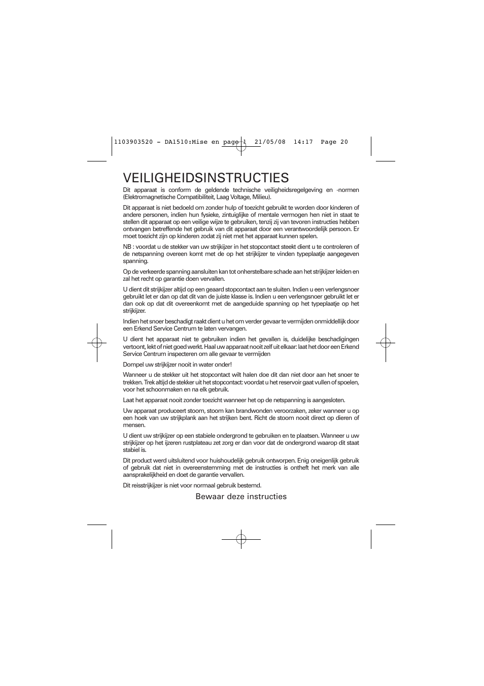 Veiligheidsinstructies | ROWENTA TRAVEL IRON DA1510 User Manual | Page 20 / 60