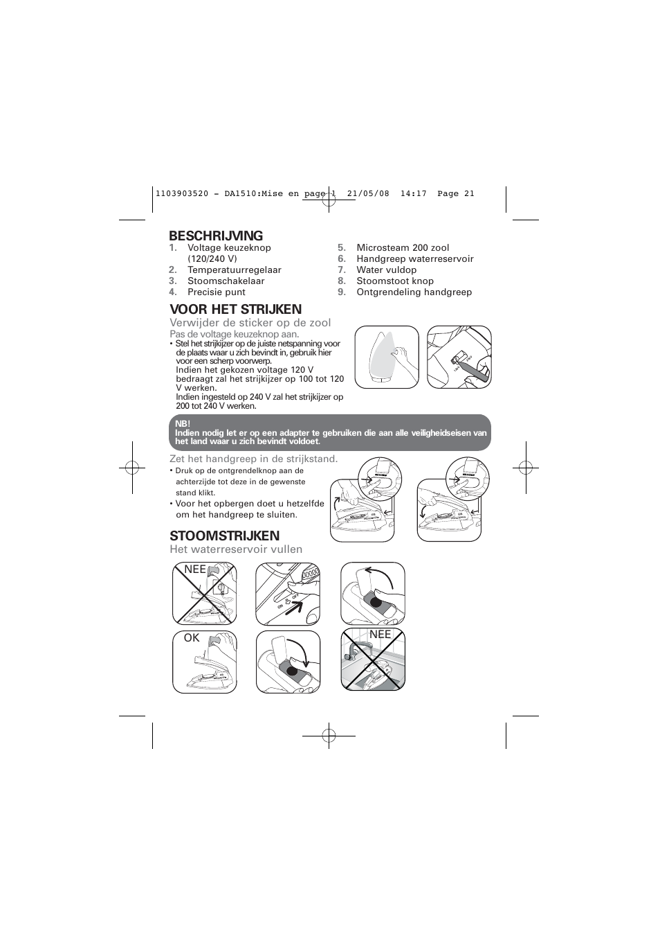 Voor het strijken, Stoomstrijken, Beschrijving | ROWENTA TRAVEL IRON DA1510 User Manual | Page 21 / 60