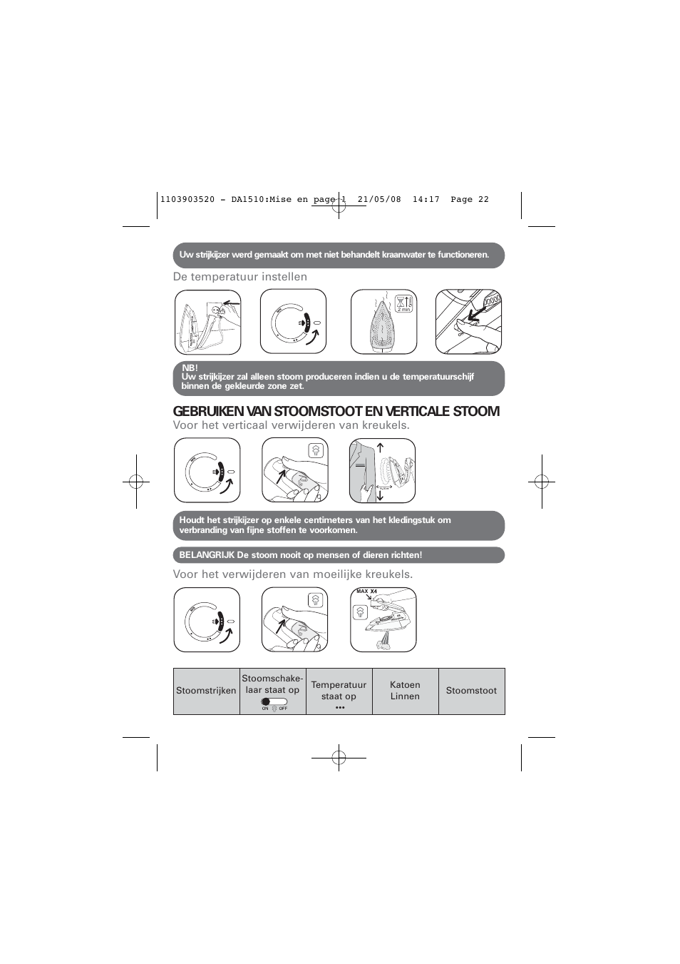 Gebruiken van stoomstoot en verticale stoom | ROWENTA TRAVEL IRON DA1510 User Manual | Page 22 / 60