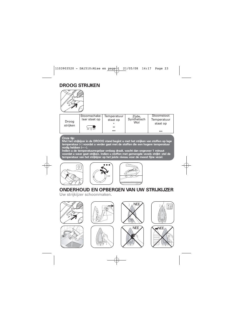 Uw strijkijzer schoonmaken | ROWENTA TRAVEL IRON DA1510 User Manual | Page 23 / 60
