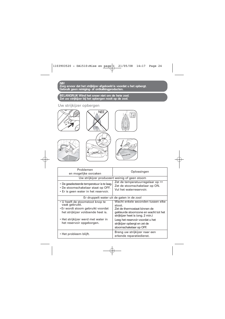 Uw strijkijzer opbergen | ROWENTA TRAVEL IRON DA1510 User Manual | Page 24 / 60