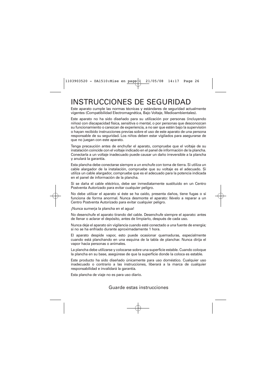 Instrucciones de seguridad | ROWENTA TRAVEL IRON DA1510 User Manual | Page 26 / 60