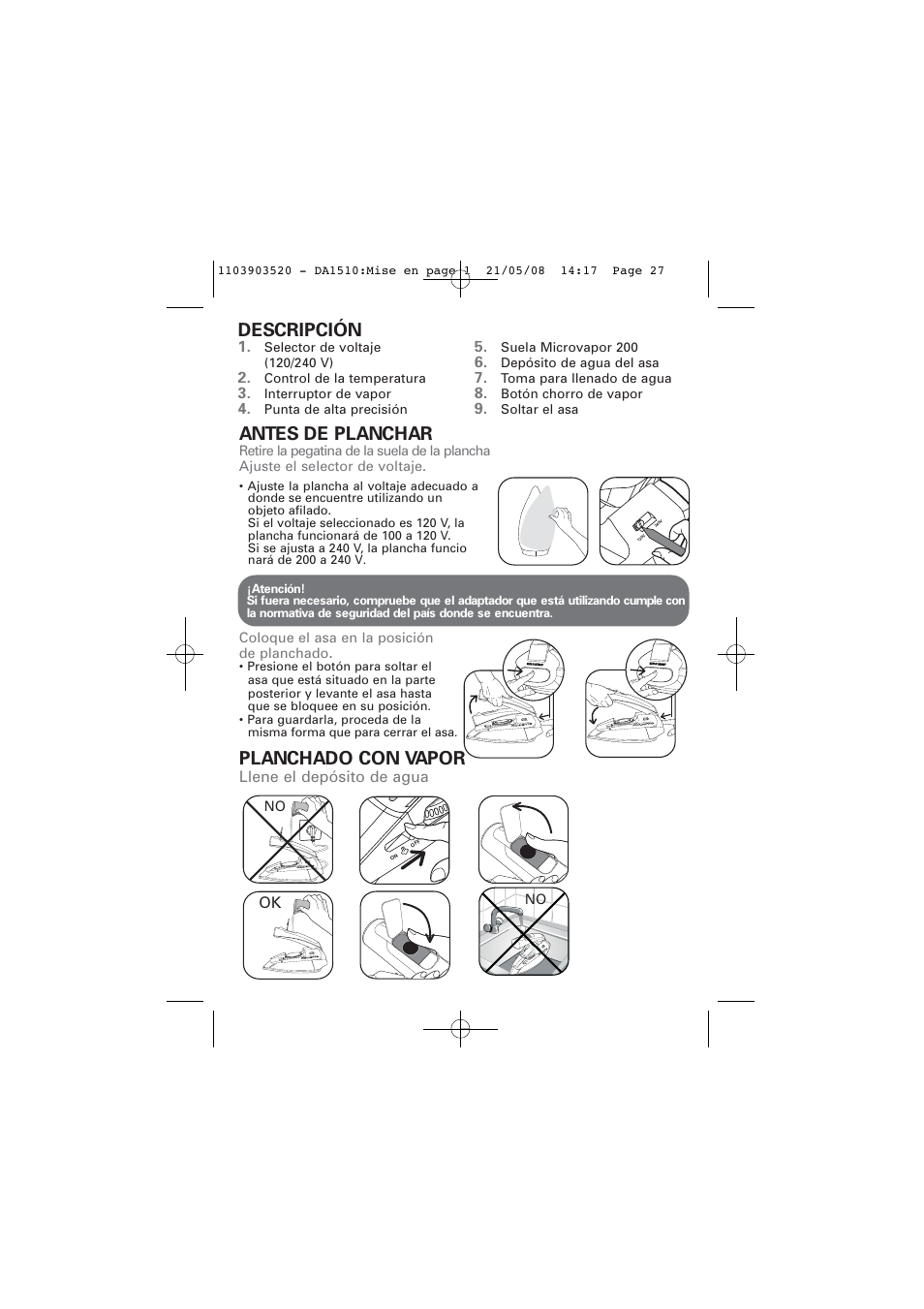 Antes de planchar, Planchado con vapor, Descripción | ROWENTA TRAVEL IRON DA1510 User Manual | Page 27 / 60