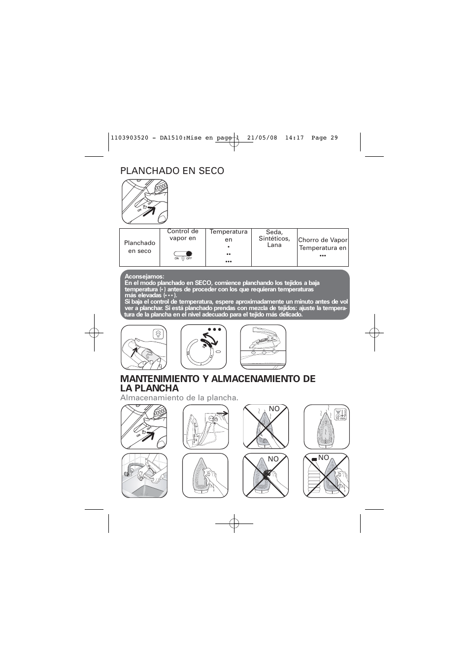 Almacenamiento de la plancha | ROWENTA TRAVEL IRON DA1510 User Manual | Page 29 / 60