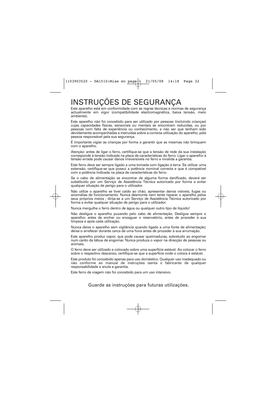 Instruções de segurança | ROWENTA TRAVEL IRON DA1510 User Manual | Page 32 / 60