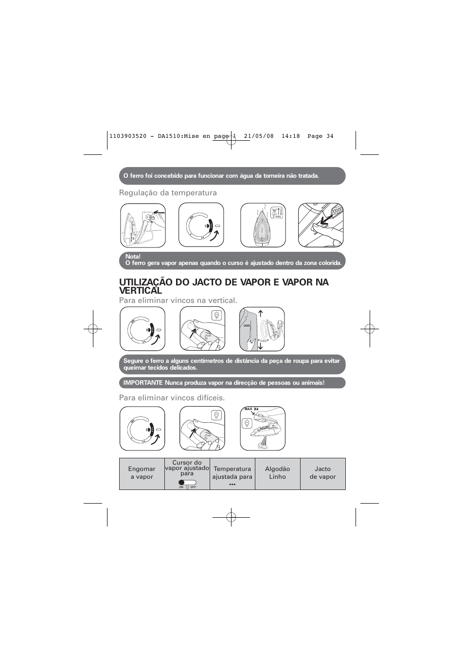 Utilização do jacto de vapor e vapor na vertical | ROWENTA TRAVEL IRON DA1510 User Manual | Page 34 / 60