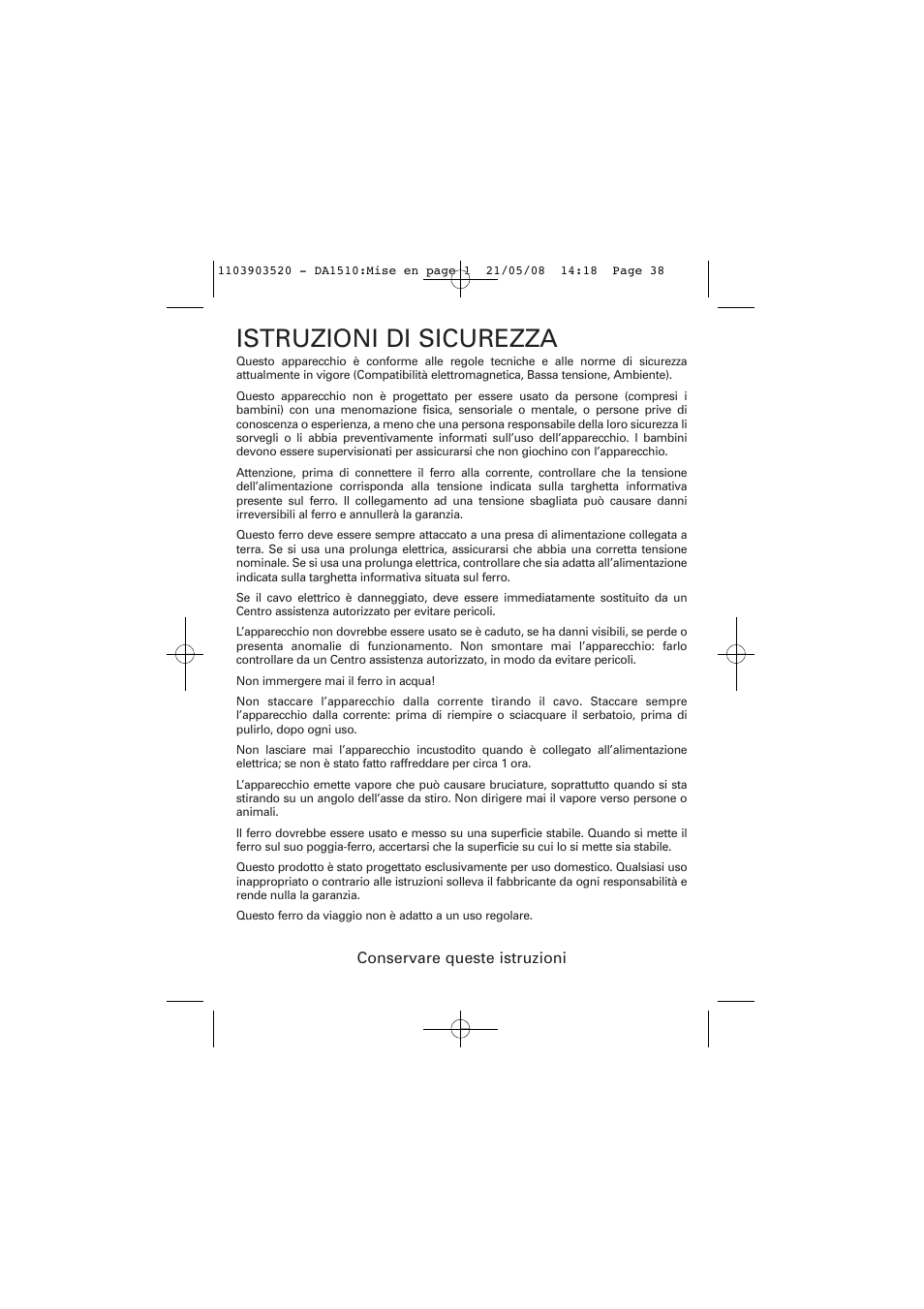 Istruzioni di sicurezza | ROWENTA TRAVEL IRON DA1510 User Manual | Page 38 / 60