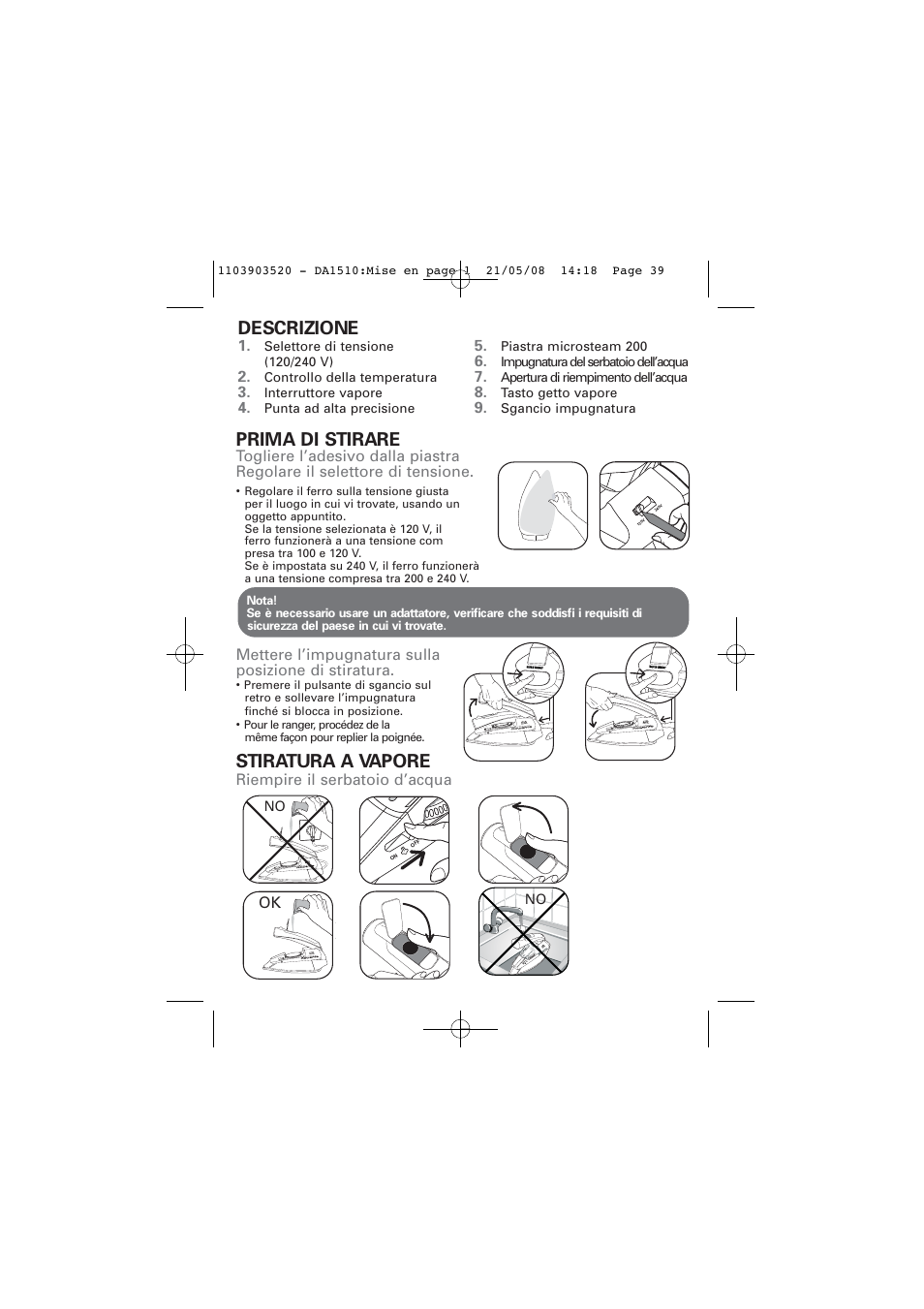 Prima di stirare, Stiratura a vapore, Descrizione | ROWENTA TRAVEL IRON DA1510 User Manual | Page 39 / 60