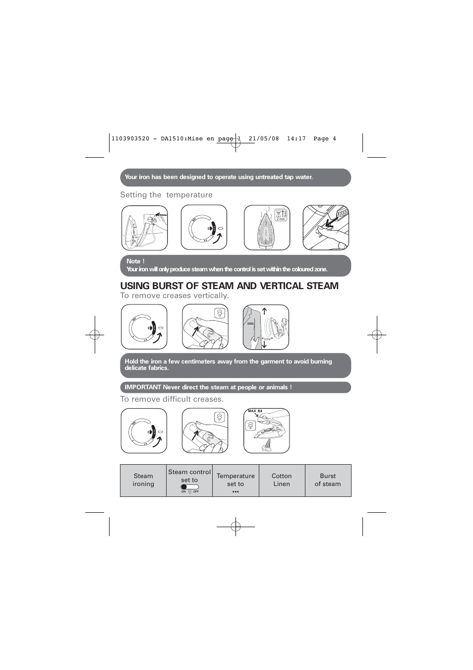 Using burst of steam and vertical steam | ROWENTA TRAVEL IRON DA1510 User Manual | Page 4 / 60