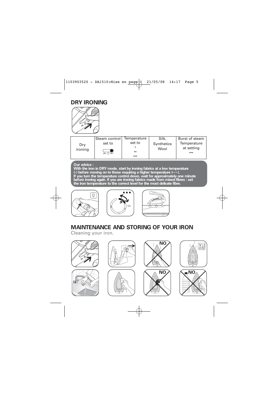 Dry ironing maintenance and storing of your iron, Cleaning your iron | ROWENTA TRAVEL IRON DA1510 User Manual | Page 5 / 60