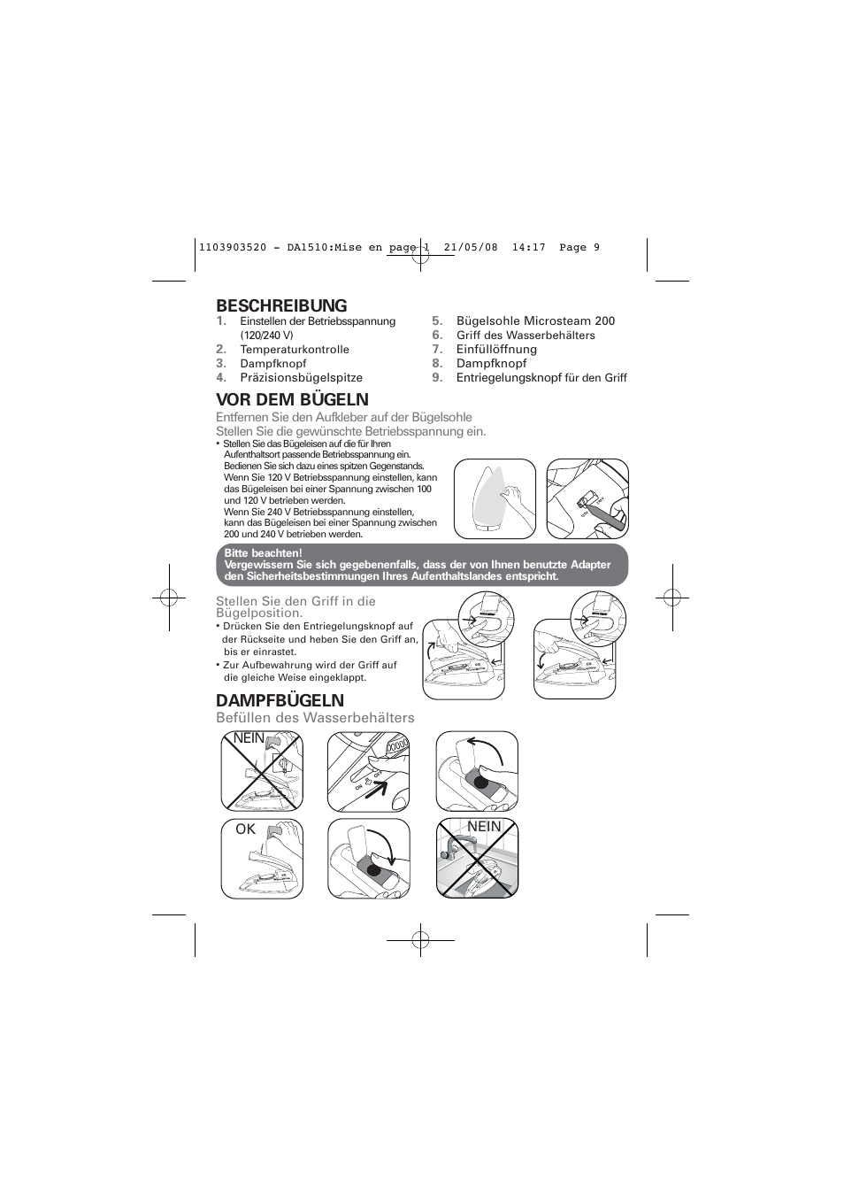 Vor dem bügeln, Dampfbügeln, Beschreibung | Befüllen des wasserbehälters, Nein ok, Nein | ROWENTA TRAVEL IRON DA1510 User Manual | Page 9 / 60