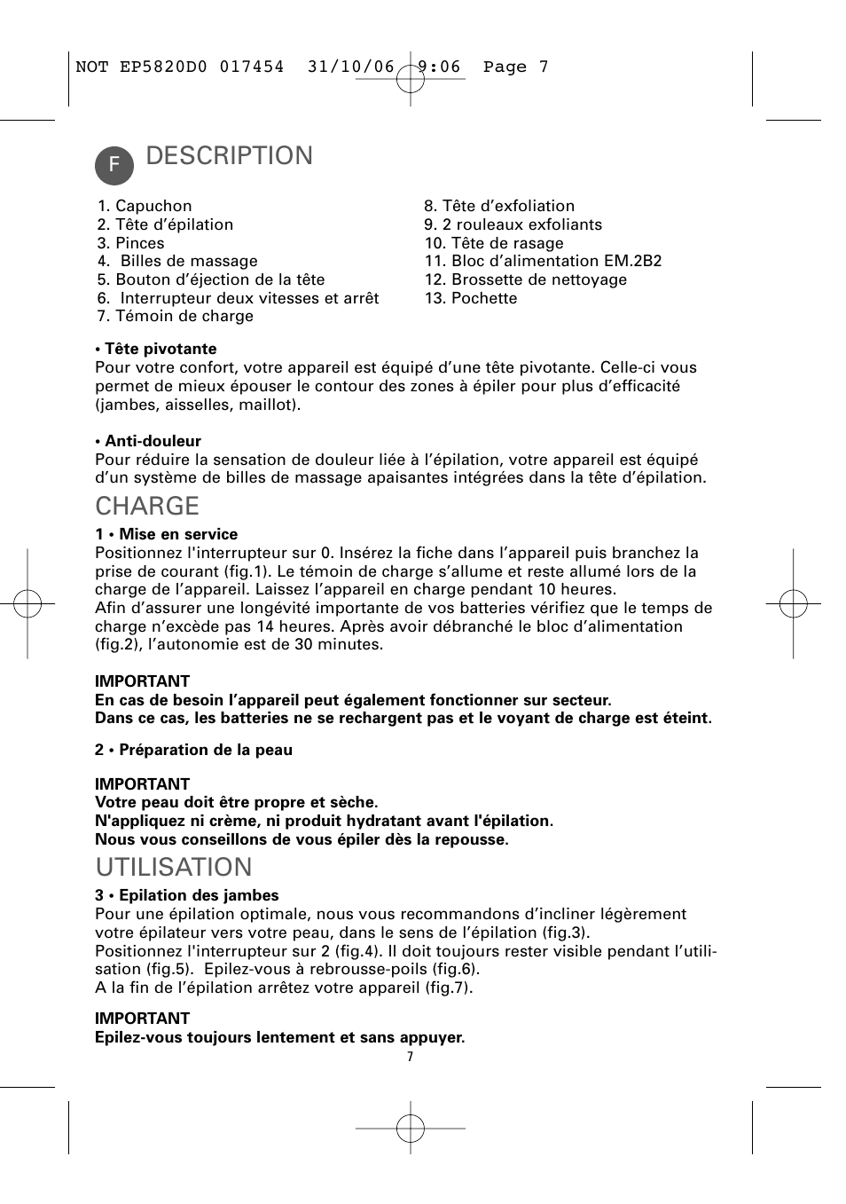 Description, Charge, Utilisation | ROWENTA ACCESSIM EP5820 User Manual | Page 11 / 65