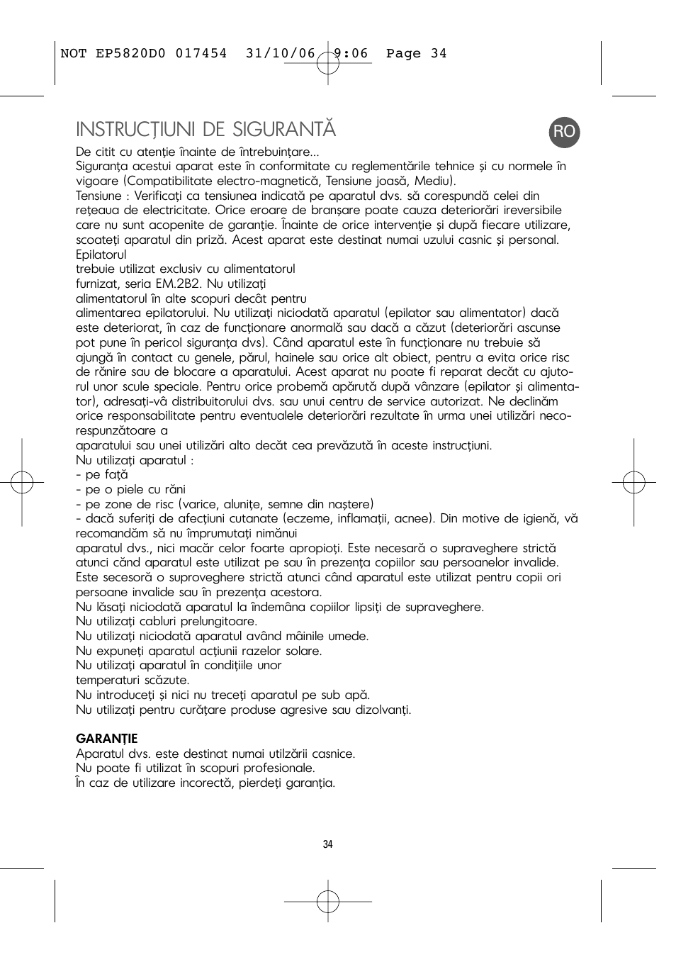 Instrucţiuni de sigurantă | ROWENTA ACCESSIM EP5820 User Manual | Page 38 / 65
