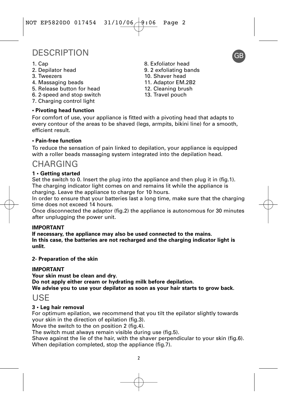 Description, Charging | ROWENTA ACCESSIM EP5820 User Manual | Page 6 / 65