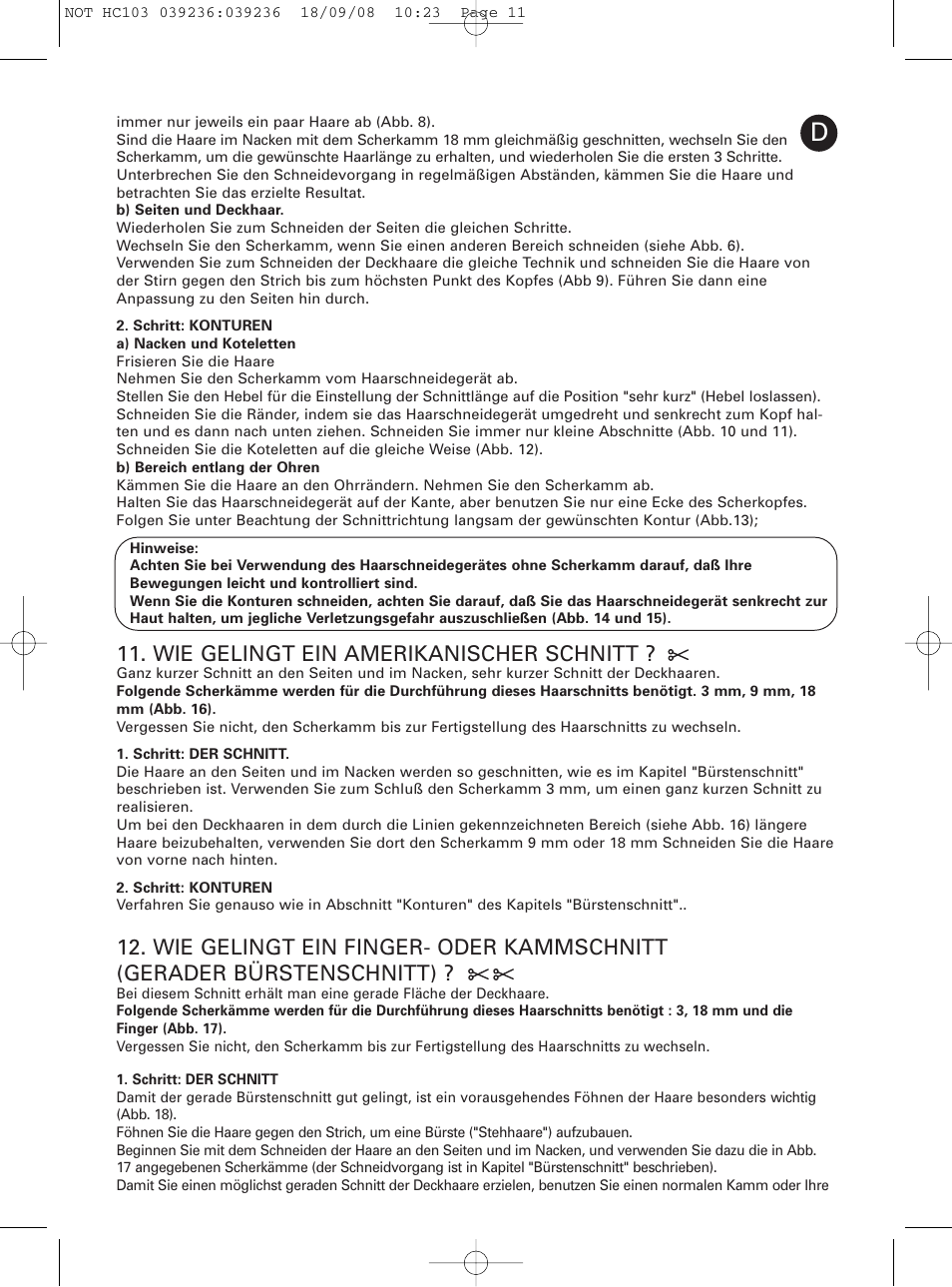 Wie gelingt ein amerikanischer schnitt | ROWENTA PERFECT LINE HC1037 User Manual | Page 11 / 40